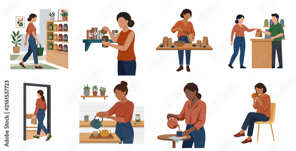 Fototapeta premium Flat illustration set of a woman's journey from buying to brewing and enjoying a cup of tea