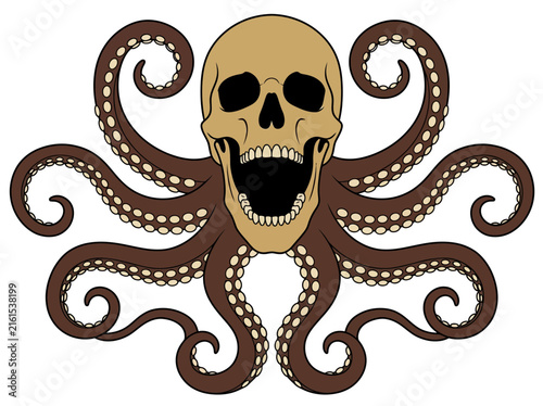 Bild auf Leinwand Skull and Octopus Tentacles Vector Illustration