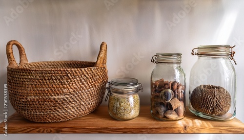 woven baskets and glass jars filled with natural treasures on a wooden shelf glass jars woven baskets