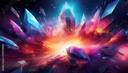 powerful cosmic explosion of crystal shards in deep space