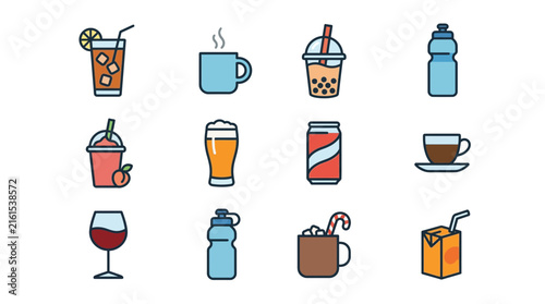 Set of colorful vector icons depicting various beverages and drinks.