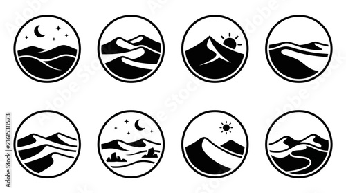 Set of eight circular desert landscape silhouette icons.