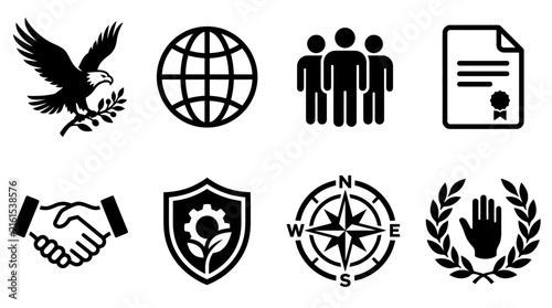 Set of eight diverse black vector icons for corporate identity and business branding.