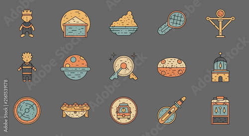 Flat icons representing Spanish culture food and landmarks.