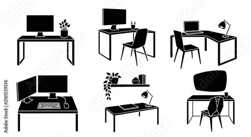Modern office workspace line art and desk setup illustrations.