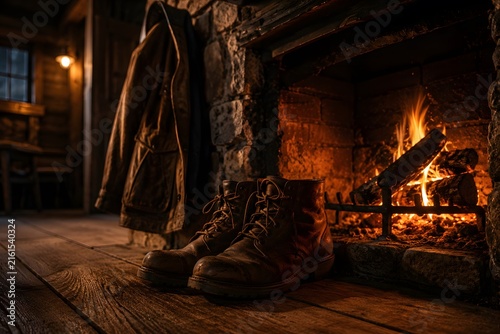 Leather boots sit near warm stone fireplace in rustic cabin creating cozy atmosphere for winter home.