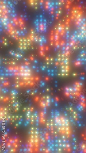 Colorful glowing bokeh lights in orange, blue, yellow, and red create a vibrant blurred background with a festive digital atmosphere.