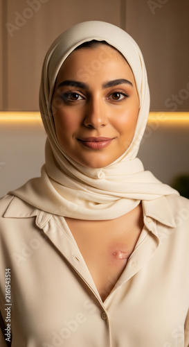 Smiling young muslim woman in hijab with visible chemo port on chest wearing beige shirt indoors