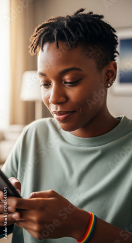 Smiling young black woman with rainbow bracelet using smartphone for messaging at home