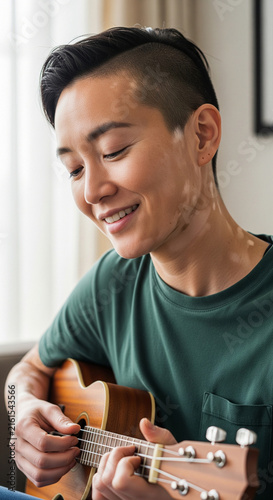 Smiling young woman with vitiligo and short hair playing ukulele instrument at home