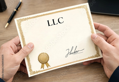 Man holding an official corporate registration LLC certificate carefully in his hands inside a business office