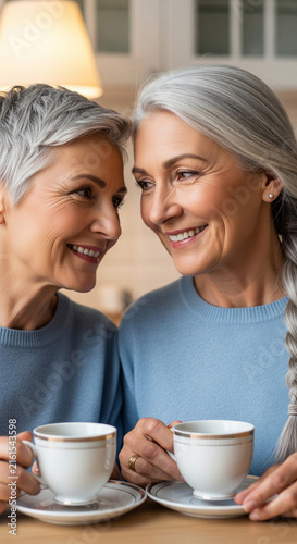 Two smiling senior women with grey hair looking at each other holding tea cups wearing blue sweaters indoors