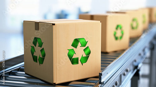 Cardboard boxes with green recycling logos move along an industrial conveyor belt. Concept of sustainable packaging and logistics in modern supply chains.