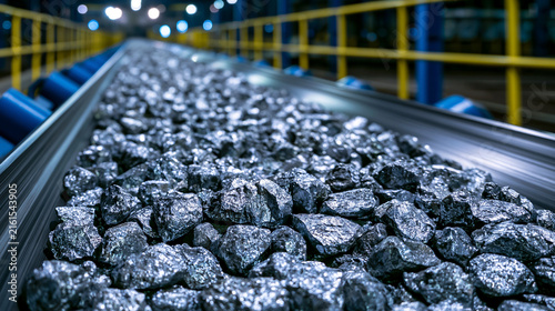 Raw iron ore minerals moving along an industrial conveyor belt in a processing plant. This captures the essence of global mining and raw material supply.