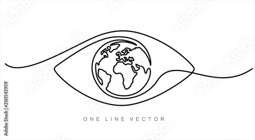 Continuous one line drawing of an eye with planet Earth instead of pupil, global vision and ecology concept, hand drawn easy to use customizable vector
