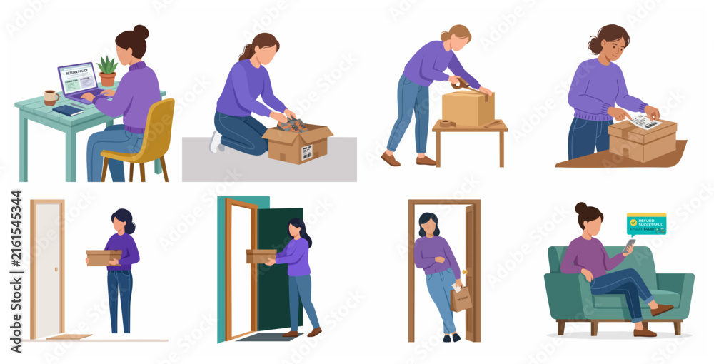 Fototapeta premium Complete Product Return and Refund Process Steps for Online Shopping Flat Vector Illustration Set