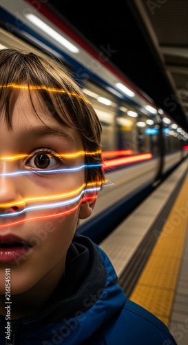 Close up portrait of amazed young boy with neon light streaks across face watching blurred moving train at subway station