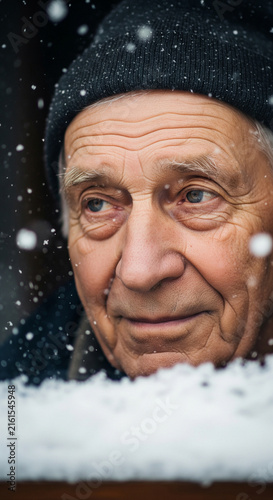 Close up portrait of elderly man wearing black beanie watching falling snow with thoughtful expression