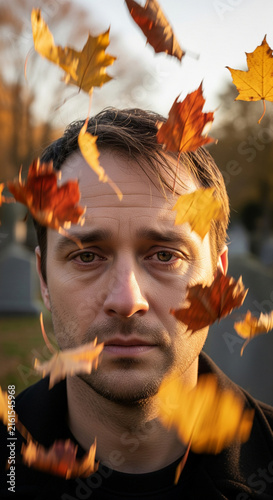 Close up portrait of grieving man with sad eyes looking at camera through falling orange autumn leaves in cemetery