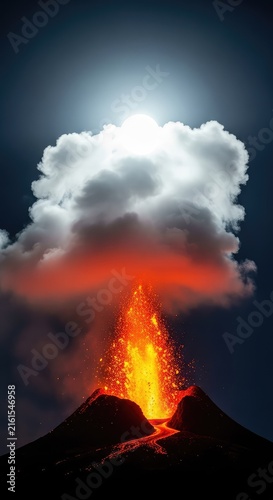 A majestic fusion of bright celestial light and dark volcanic fire where fluffy clouds meet glowing molten lava in a powerful atmosphere, mystical, horizon, volcanic