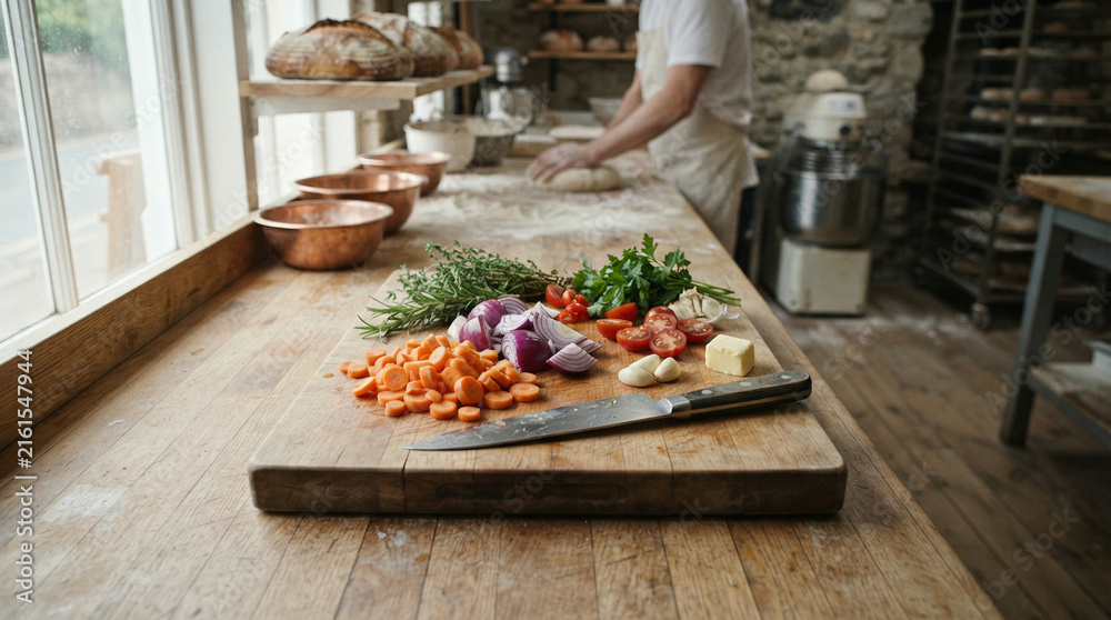 Obraz premium A wooden cutting board with chopped vegetables and a knife sits near a bakery window