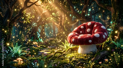 Magical Mushroom Chair Surrounded by Sparkling Forest Light with Enchanting Flora in a Whimsical Setting