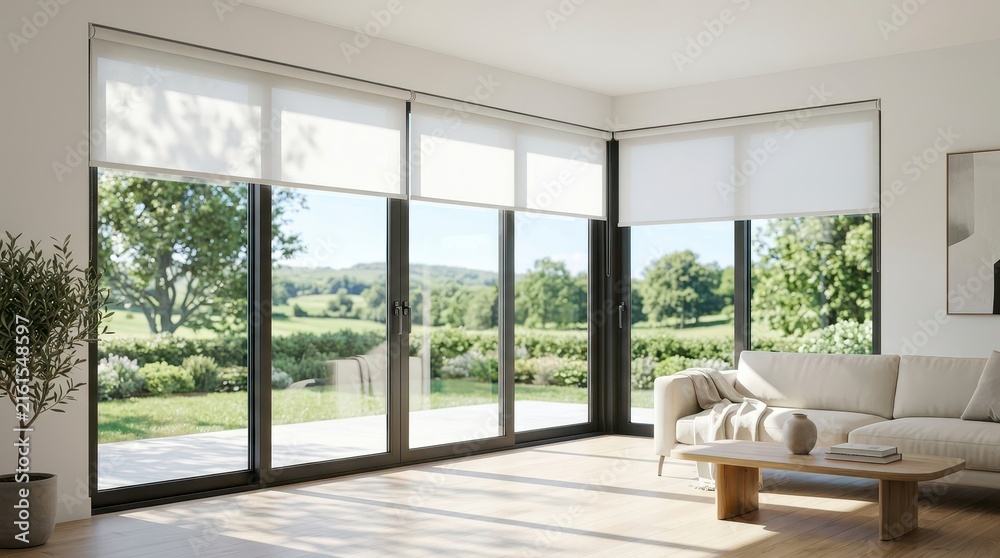 Fototapeta premium Modern Living Room with Large Windows and Scenic View of Green Landscape Under Bright Daylight