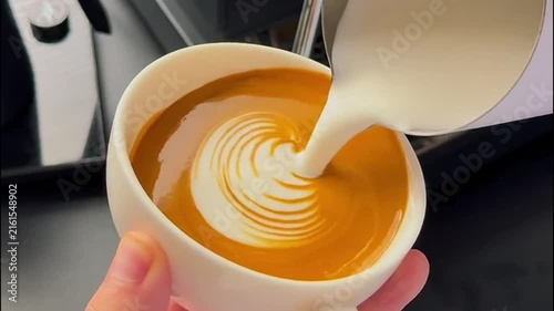 Barista Pouring Steamed Milk to Create Winged Heart Latte Art