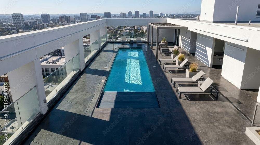 Fototapeta premium Rooftop Infinity Pool Overlooking a Modern Urban Landscape with a Clear Blue Sky and City Skyline