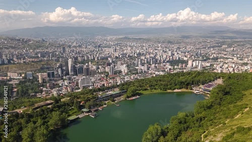 Aerial Panoramic View of Tbilisi City and Turtle Lake Park in Georgia. High quality 4k footage