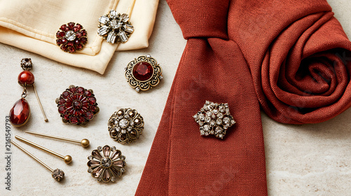 Vintage brooches with red and clear gemstones arranged beside elegant rust and cream fabric in a stylish jewelry composition
