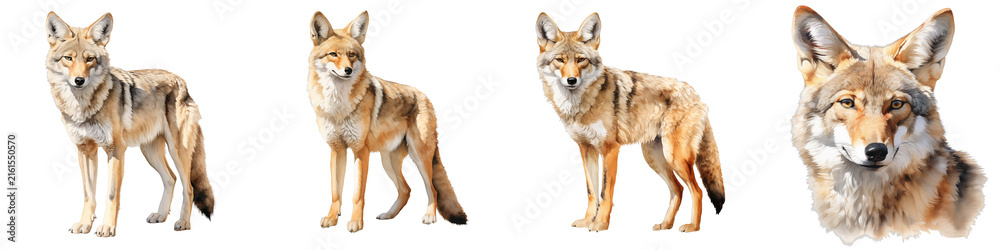 Obraz premium Set of isolated coyote illustrations in standing poses on a black background for design elements