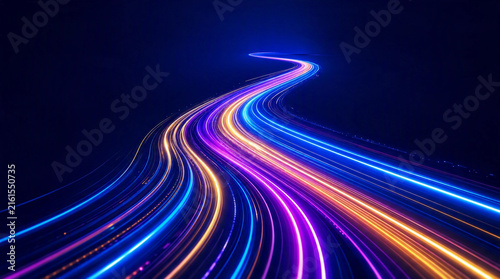 Abstract 3D glowing neon light trails curving on dark futuristic digital road