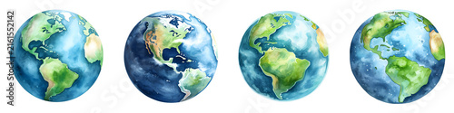 Four watercolor earth globes showcase different views of the continents
