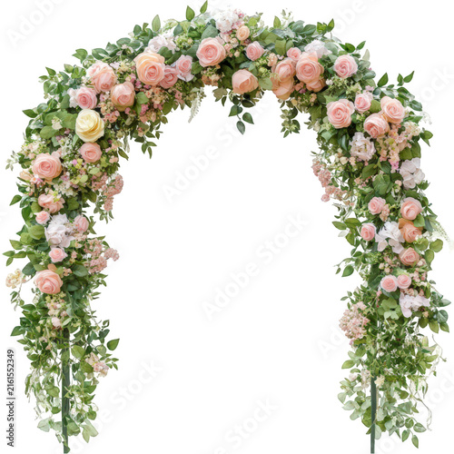 Beautiful floral wedding arch with pink roses and greenery isolated on transparent background