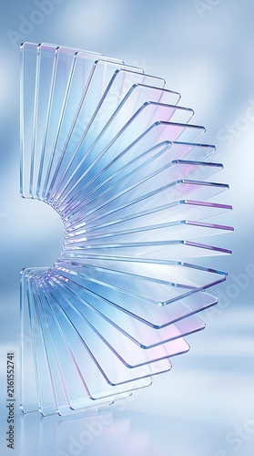 Minimalist geometric glass artwork featuring translucent layers, vibrant prismatic edge reflections, and soft blue aesthetic background design.