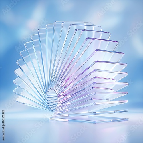 ​High-resolution 3D glass sculpture arranged in a dynamic radial pattern with subtle violet reflections for modern abstract art.