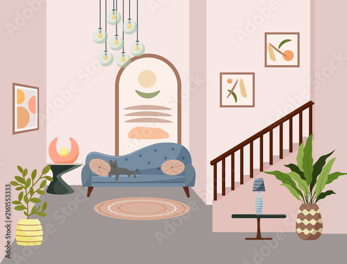 Obraz na plátně Cozy cat café interior with sleeping cats, hanging lights, plants, framed art and pastries