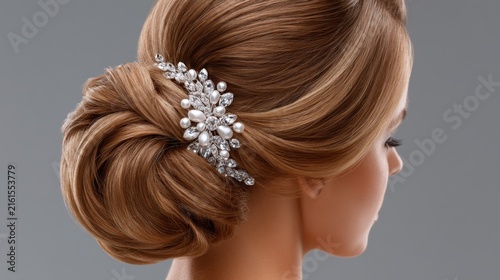 Elegant bridal hairstyle with pearl and crystal hair accessories featuring smooth, shiny hair in an intricate updo against a neutral background.