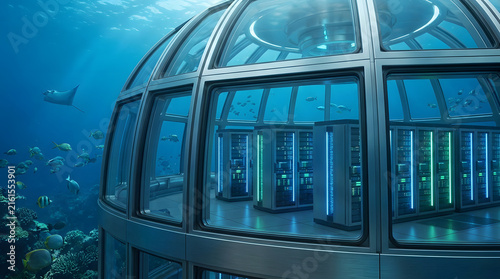 Futuristic Underwater Data Center with Server Blue Lights Inside Glass Cupola Amid Ocean Reef