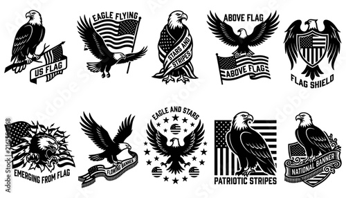 Eagle and Stars Illustrations Set with Flags, Banners, and Shields