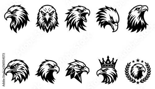 Eagle Head Icons Set with Crown and Laurel Wreath Design Elements