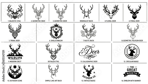 Geometric Deer Emblems and Icons Set with Rustic and Floral Elements