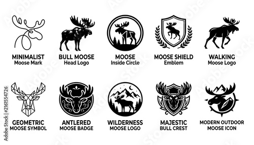 Moose Shield Logo Emblem Set with Antlered Head and Walking Moose Illustrations