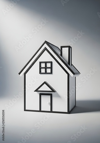 A minimal 3d model of a small white house with bold black outlines isolated on a neutral background