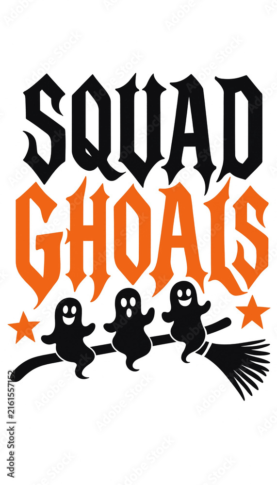 Naklejka premium Squad ghoals halloween vector graphic with black ghosts riding a witch broom and orange stars halloween illustration seasonal decoration cheerful friendly childish celebration greeting
