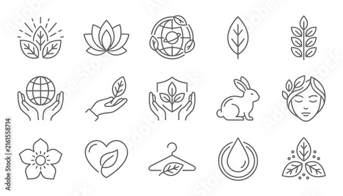 eco friendly and organic line icon set featuring natural leaves lotus cruelty free rabbit planet care and eco clothing symbols