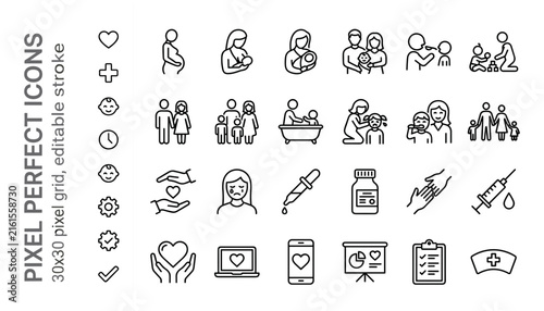 family care and maternity line icon set featuring pregnancy breastfeeding parenting child healthcare and medical support symbols