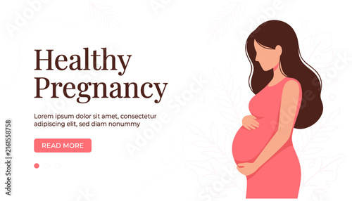 healthy pregnancy website landing page template featuring pregnant woman character for maternal care digital layout banner
