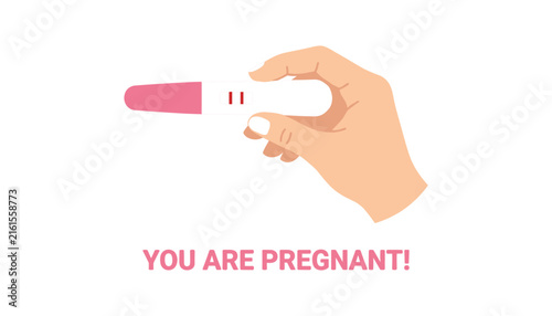 hand holding positive pregnancy test stick showing two red lines for medical healthcare maternal results banner